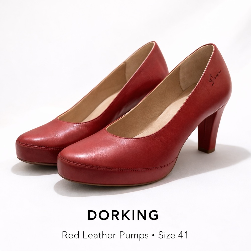 Dorking Red Leather Pumps Size 41 Block Heel Comfort Heels $150 Retail